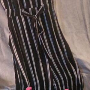 Black and white vertical striped deep v neck pant